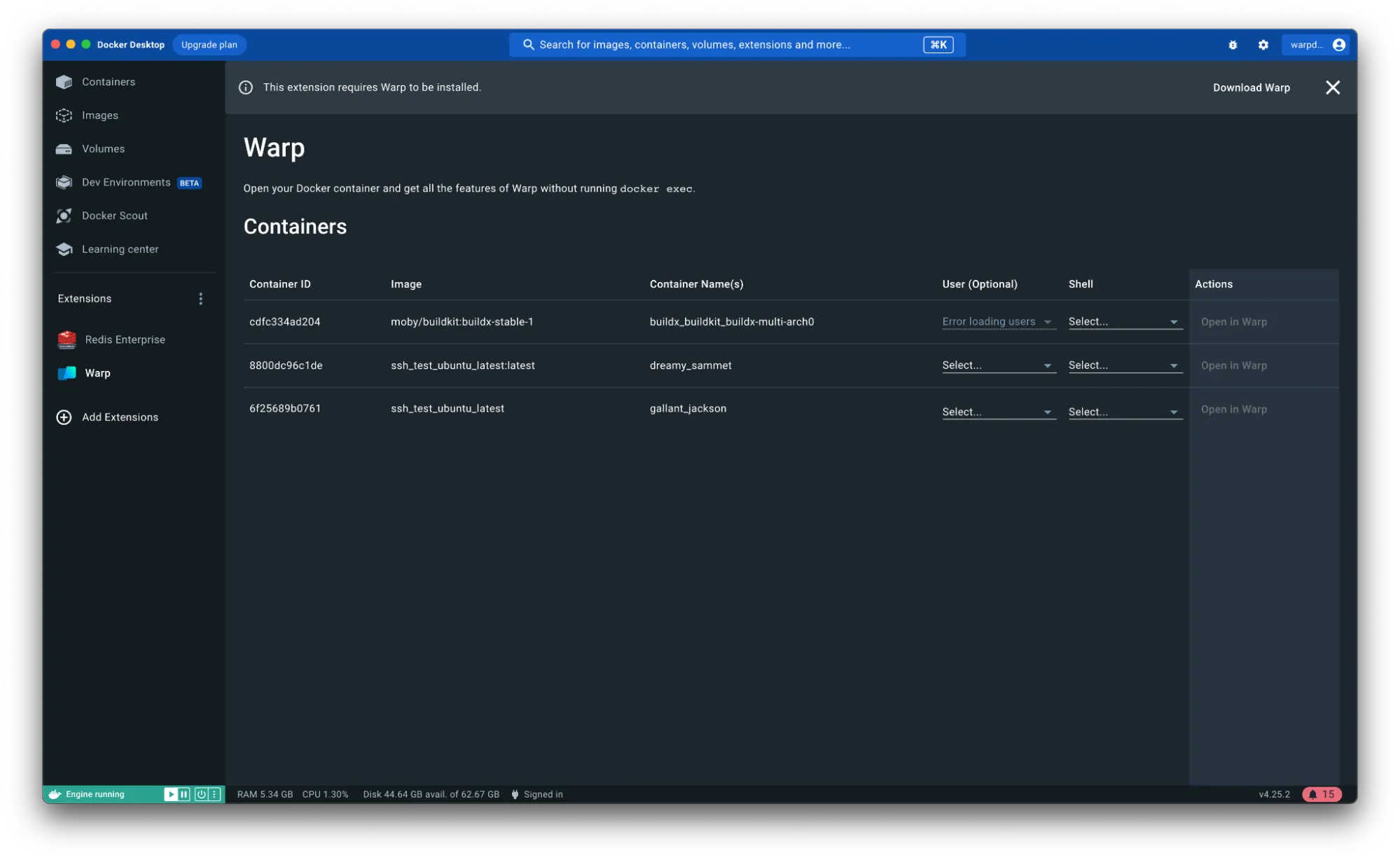 Warp's extension for Docker lists available containers